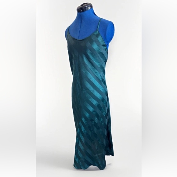 Vintage 90s Lingerie Cacique Emerald Shiny Striped Nightgown Slip Dress Small - Picture 4 of 7
